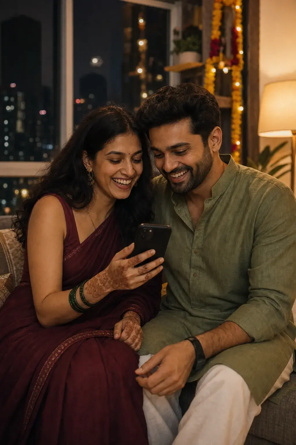 A couple sitting together at home on Hartalika Teej evening, reading a personal page on her phone