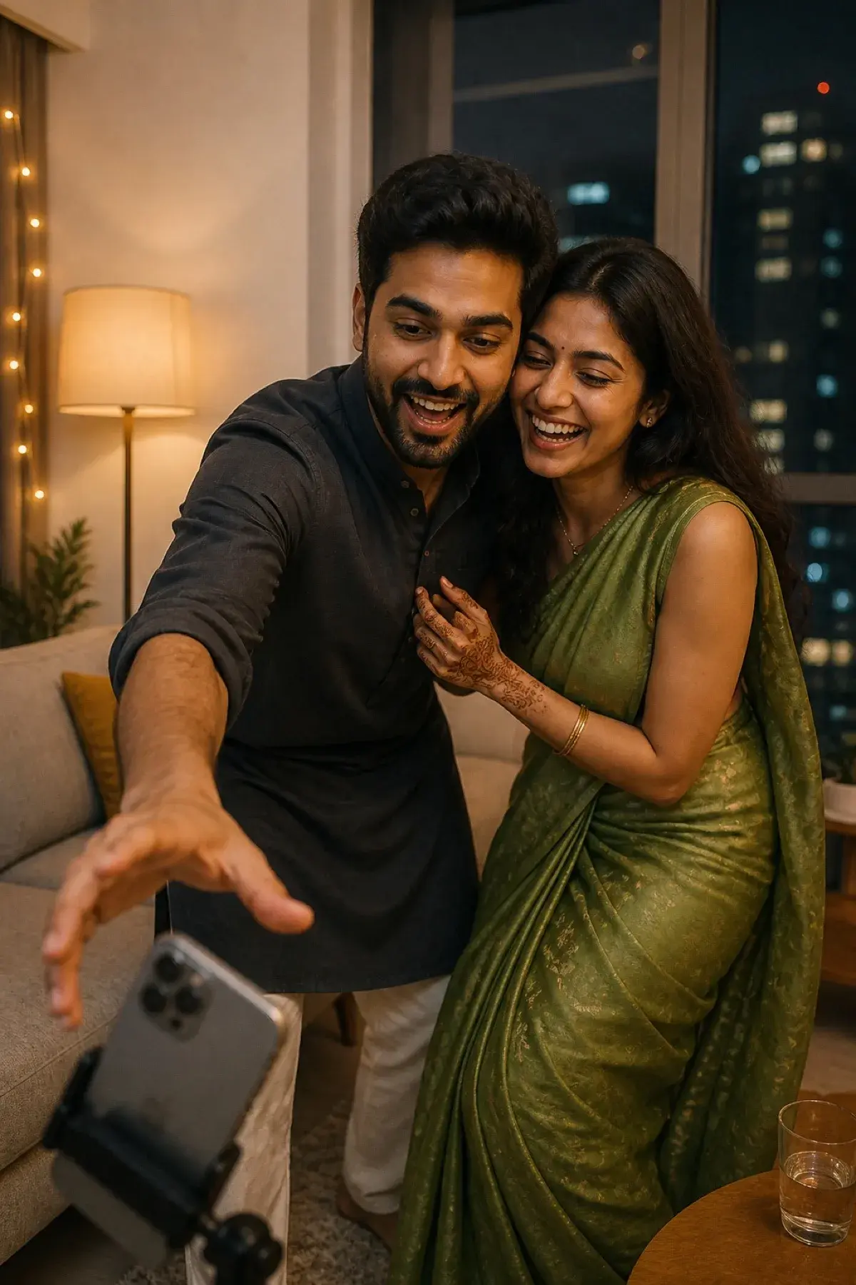 A modern couple laughing while taking a self-timer photograph