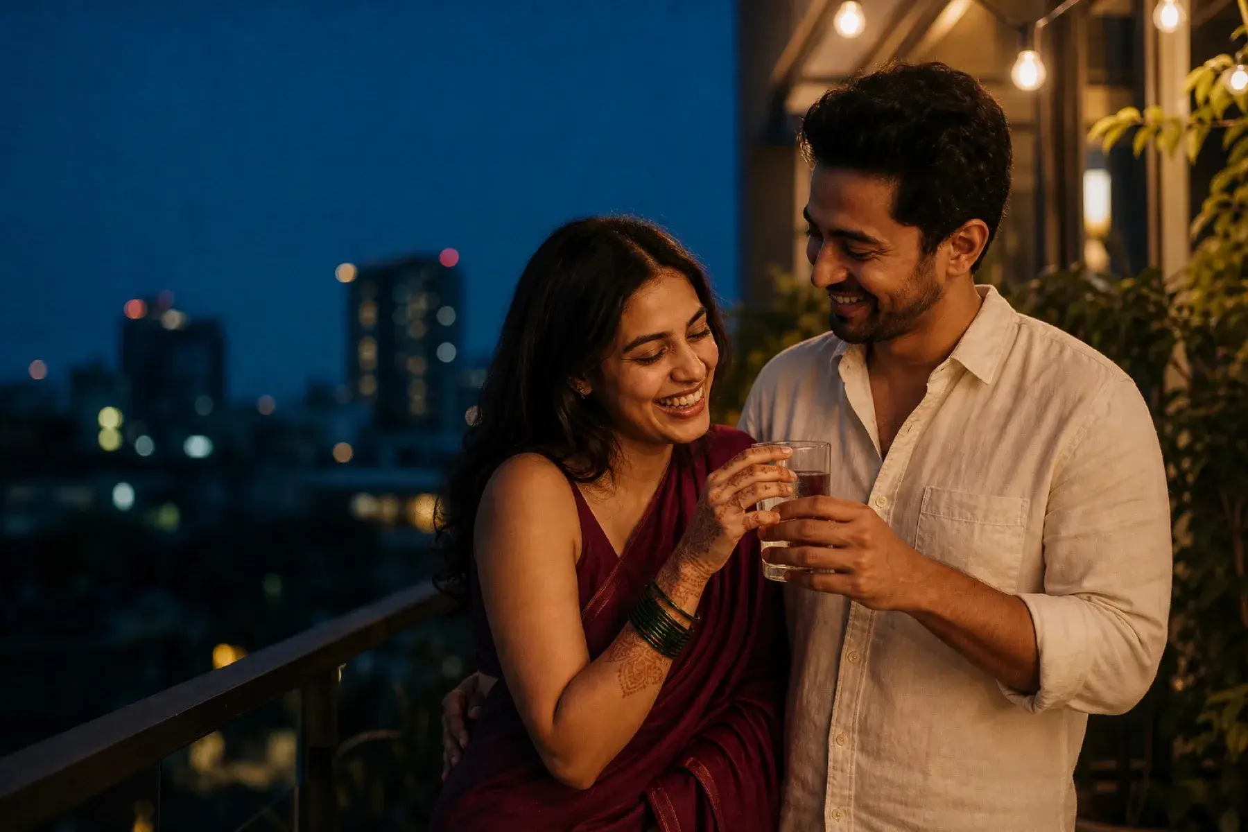 A couple sharing water on their apartment balcony after the fast