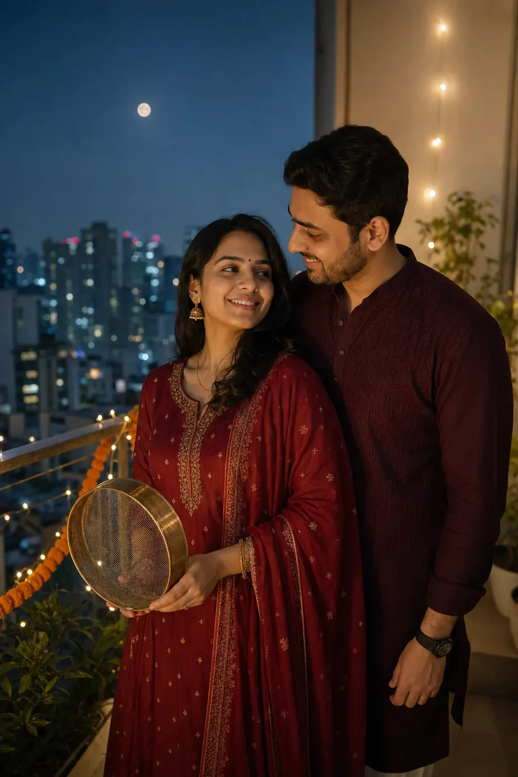 A couple waiting together on their balcony at moonrise
